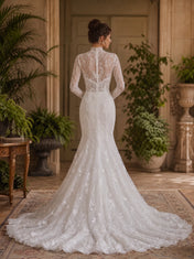 Pure White High-Neck Long-Sleeve Lace Mermaid Wedding Dress