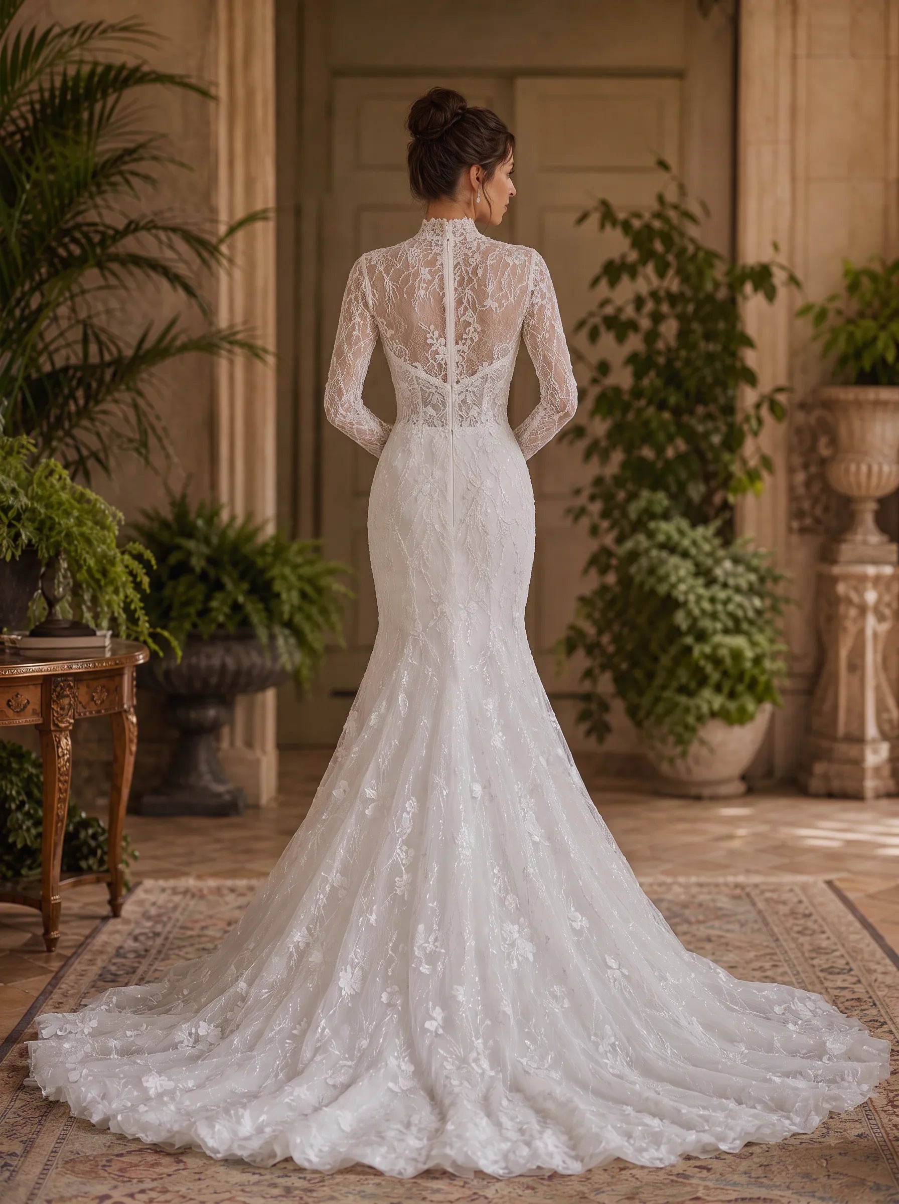 Pure White High-Neck Long-Sleeve Lace Mermaid Wedding Dress
