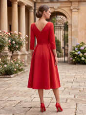V-Neck Pleated 3D-Wrap Bodice Midi A-Line Cocktail Dress with Three-Quarter Sleeves