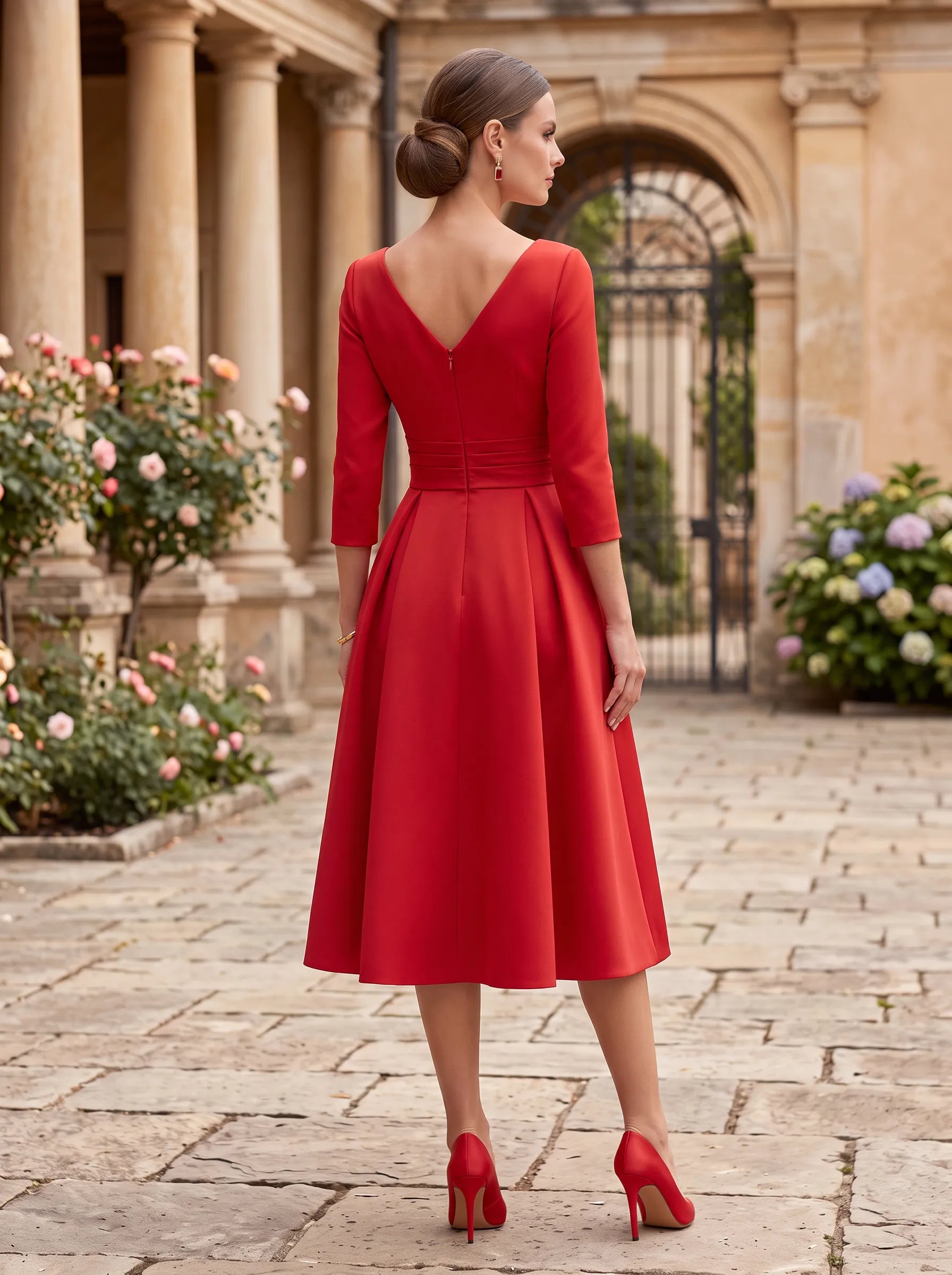 V-Neck Pleated 3D-Wrap Bodice Midi A-Line Cocktail Dress with Three-Quarter Sleeves