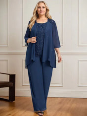 Separates Jumpsuit/Pantsuit Scoop Floor-Length Lace Chiffon Mother of the Bride Dress With Sequins
