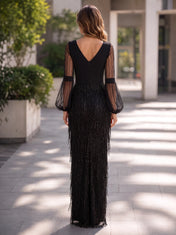 Black V-Neck Long-Sleeve Evening Dress with Beaded Fringe Skirt