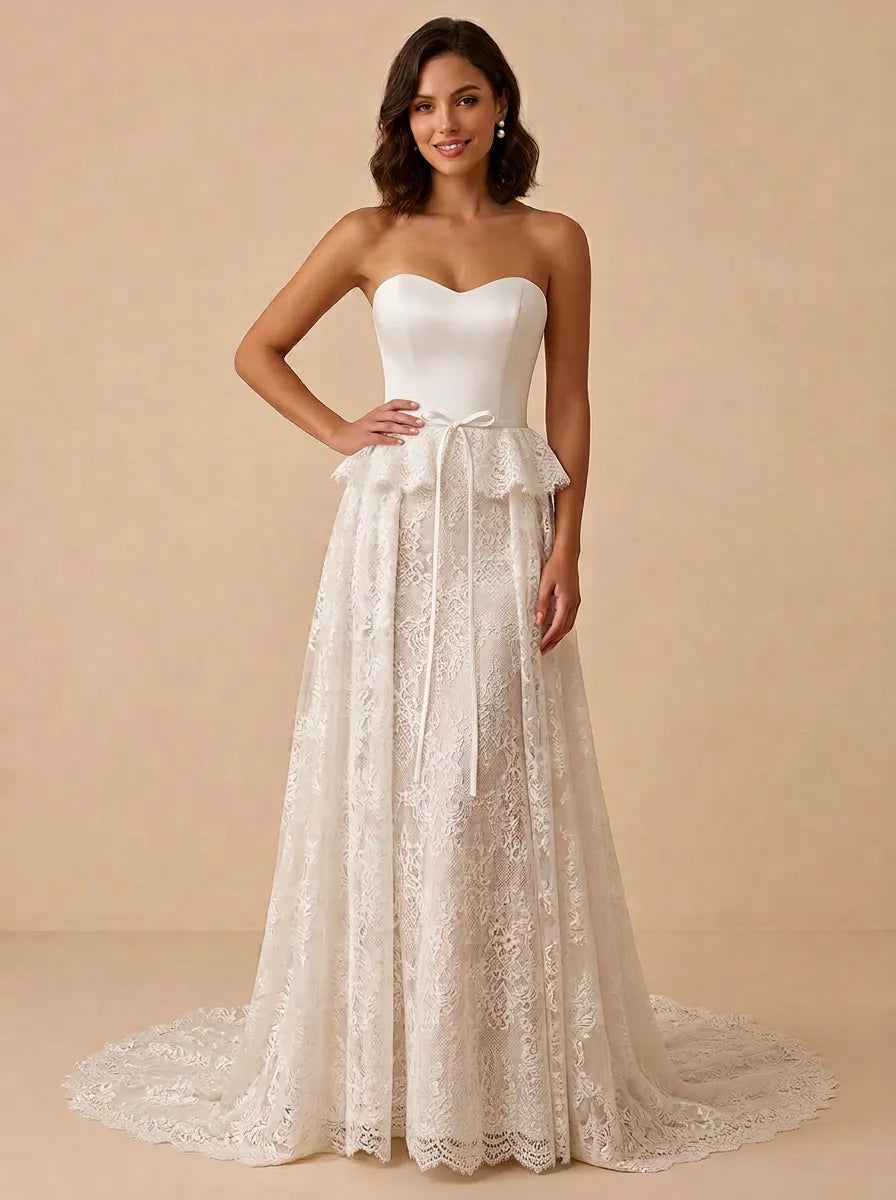Strapless Satin and Lace Mermaid Wedding Dress with Peplum Overskirt