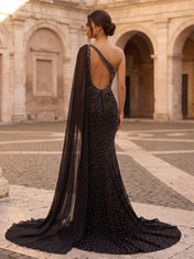 One-Shoulder Crystal-Stardust Mermaid Prom Dress with Sheer Cape
