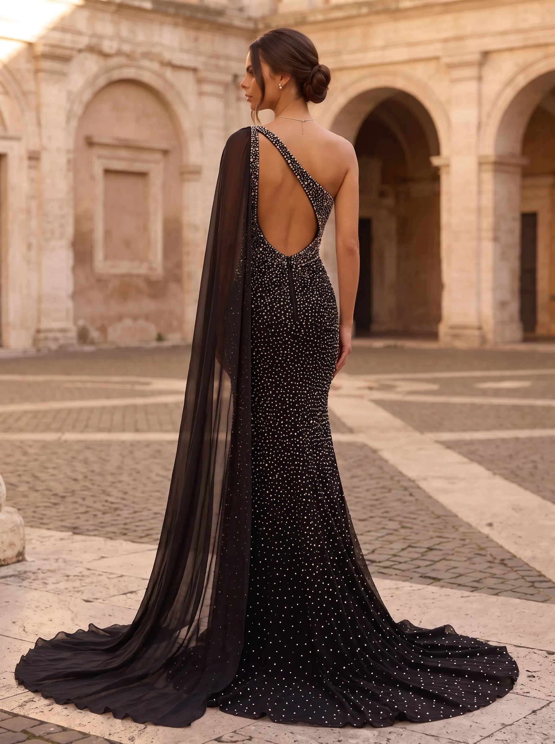 One-Shoulder Crystal-Stardust Mermaid Prom Dress with Sheer Cape