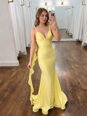 Hot Pink V-Neck Prom Dress with Cascading Back Ruffle