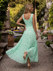 Round-Neck Pleated Floral Chiffon Long Evening Dress