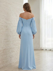 Elegant Off-The-Shoulder Long Sleeve Slit Blue Evening Dress