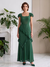Square-Neck Flutter-Sleeve Asymmetric Cascading Ruffle Chiffon Evening Dress