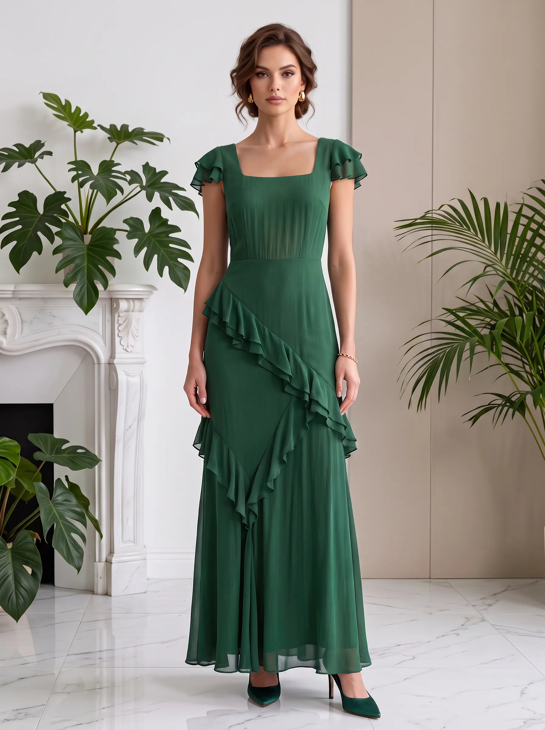 Square-Neck Flutter-Sleeve Asymmetric Cascading Ruffle Chiffon Evening Dress