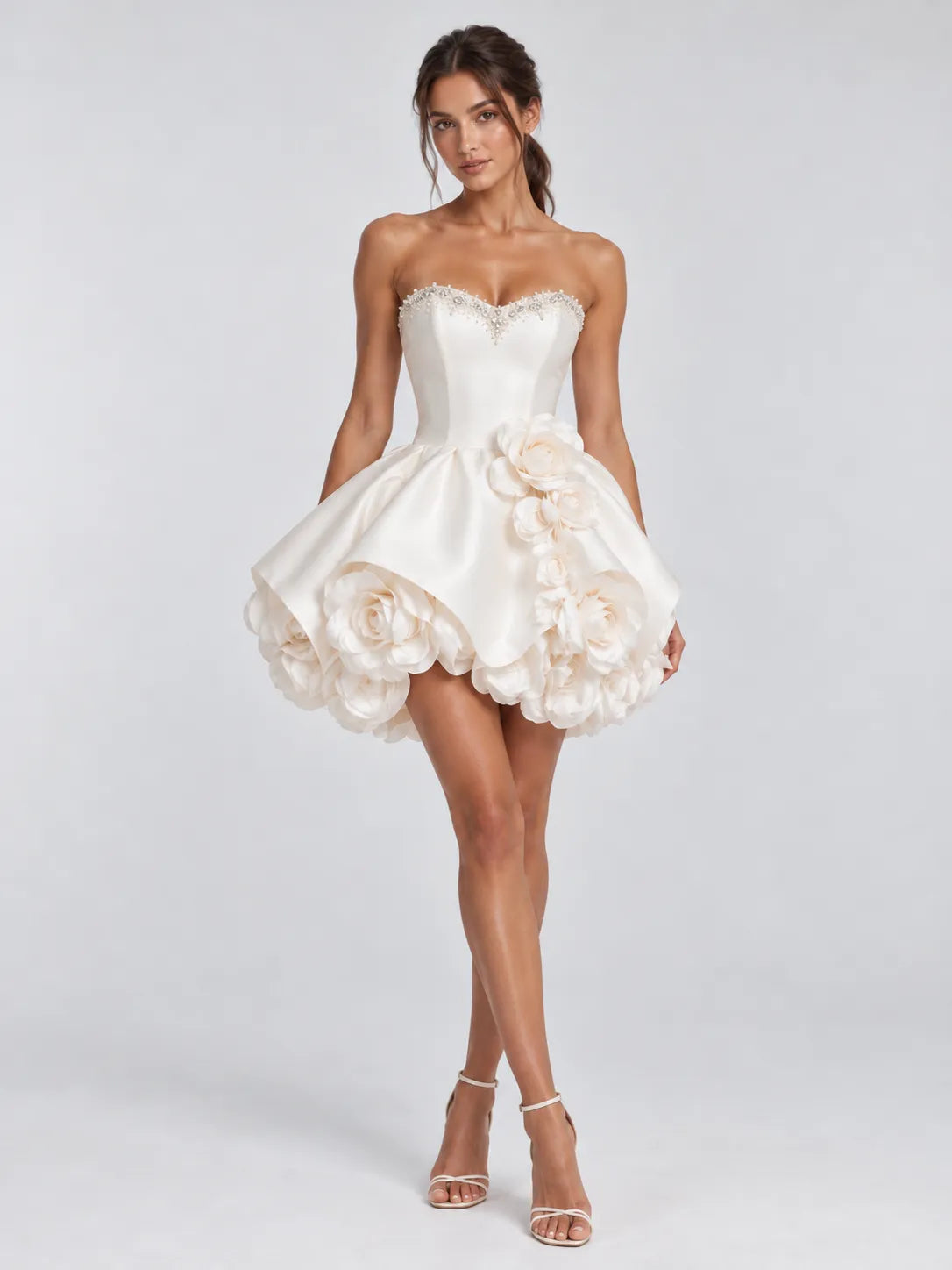Strapless Beaded 3D Rose Mini Cocktail Wedding Dress