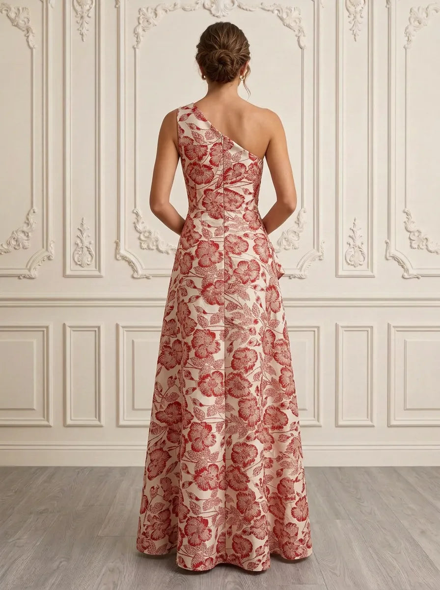 One-Shoulder Red and Ivory Floral Brocade Cascading Mother of the Bride Dress
