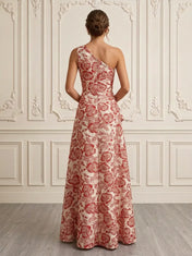 One-Shoulder Red and Ivory Floral Brocade Cascading Mother of the Bride Dress
