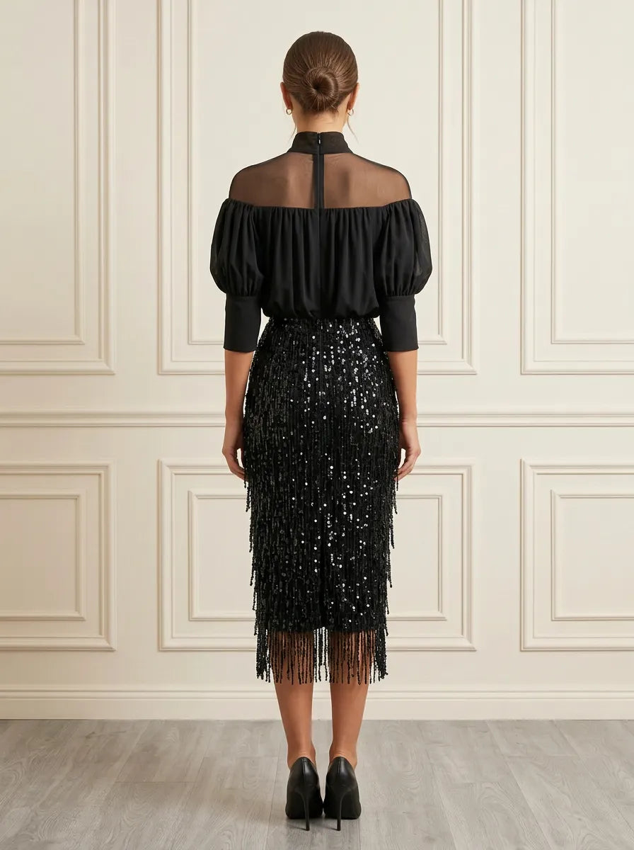 Mock Neck Sheer Illusion Sequin Fringe Evening Dress