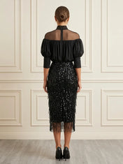 Mock Neck Sheer Illusion Sequin Fringe Evening Dress