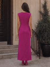 Ruffled V-Neck Sleeveless Crepe Evening Dress