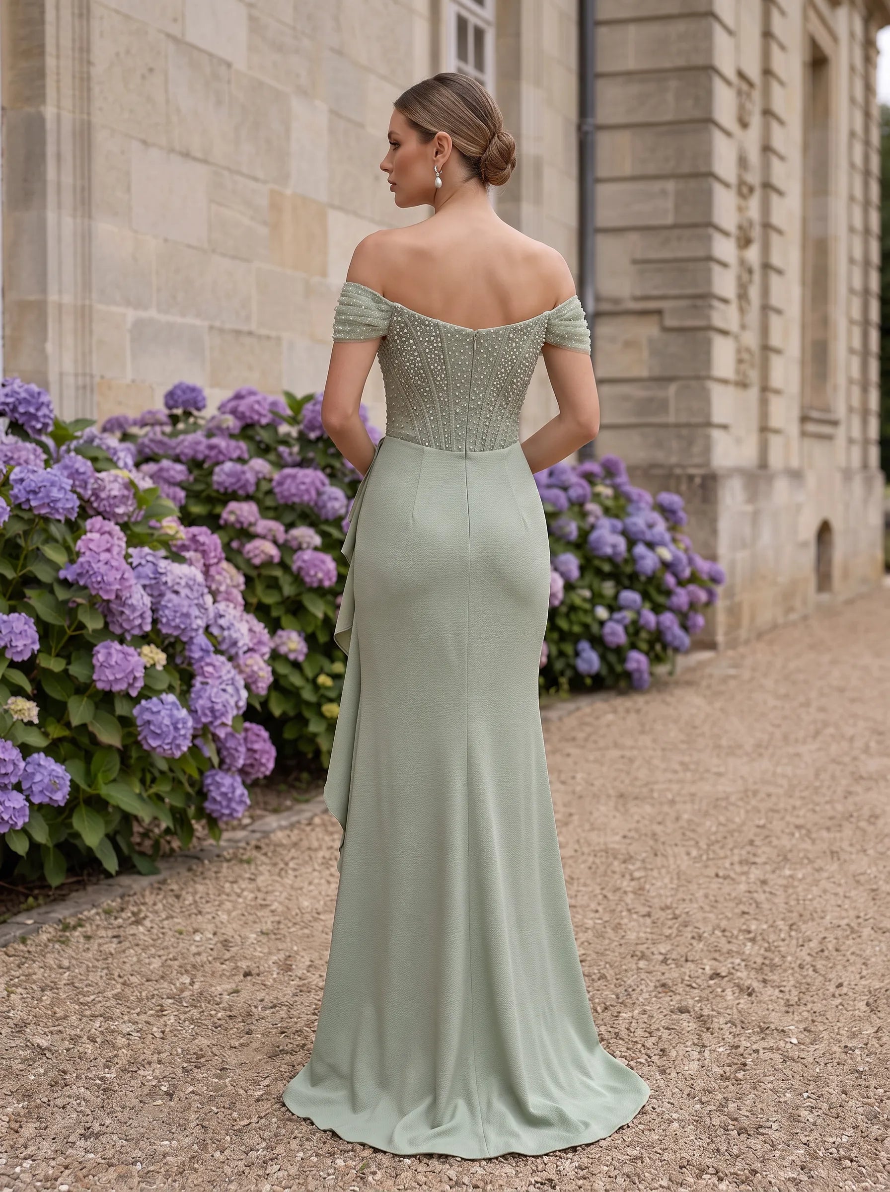 Off-the-Shoulder Beaded Corset-Style Crepe Prom Dress with Cascading Ruffle Skirt