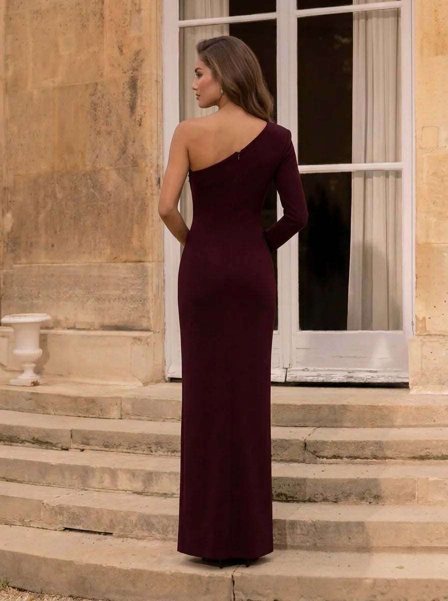 Burgundy One-Shoulder Long-Sleeve Crepe Evening Dress with Crystal Applique