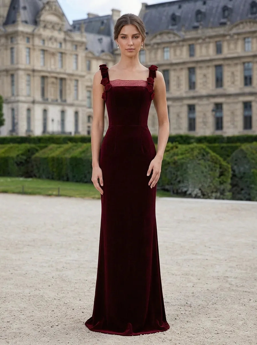Square-Neck Velvet Column Evening Dress with 3D Rosette Straps
