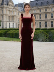 Square-Neck Velvet Column Evening Dress with 3D Rosette Straps