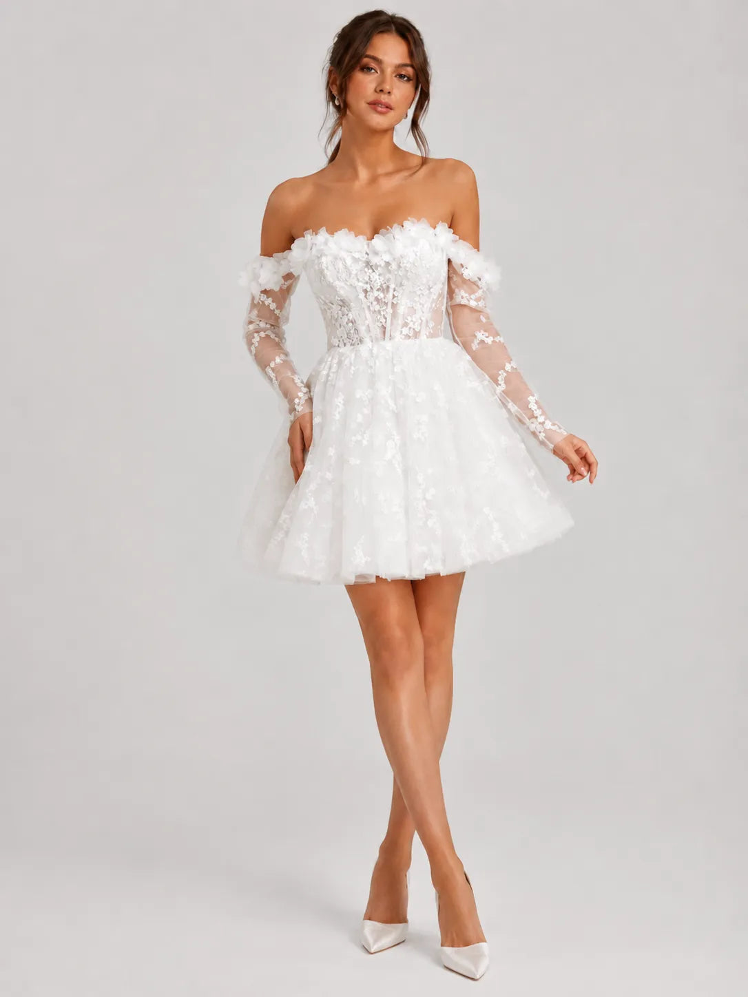 3D Floral Off-Shoulder Lace Mini Wedding Dress with Sheer Long Sleeves