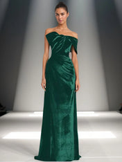 Off-Shoulder Bowknot Detail Velvet Maxi Gown Formal Evening Dress
