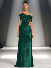 Off-Shoulder Bowknot Detail Velvet Maxi Gown Formal Evening Dress