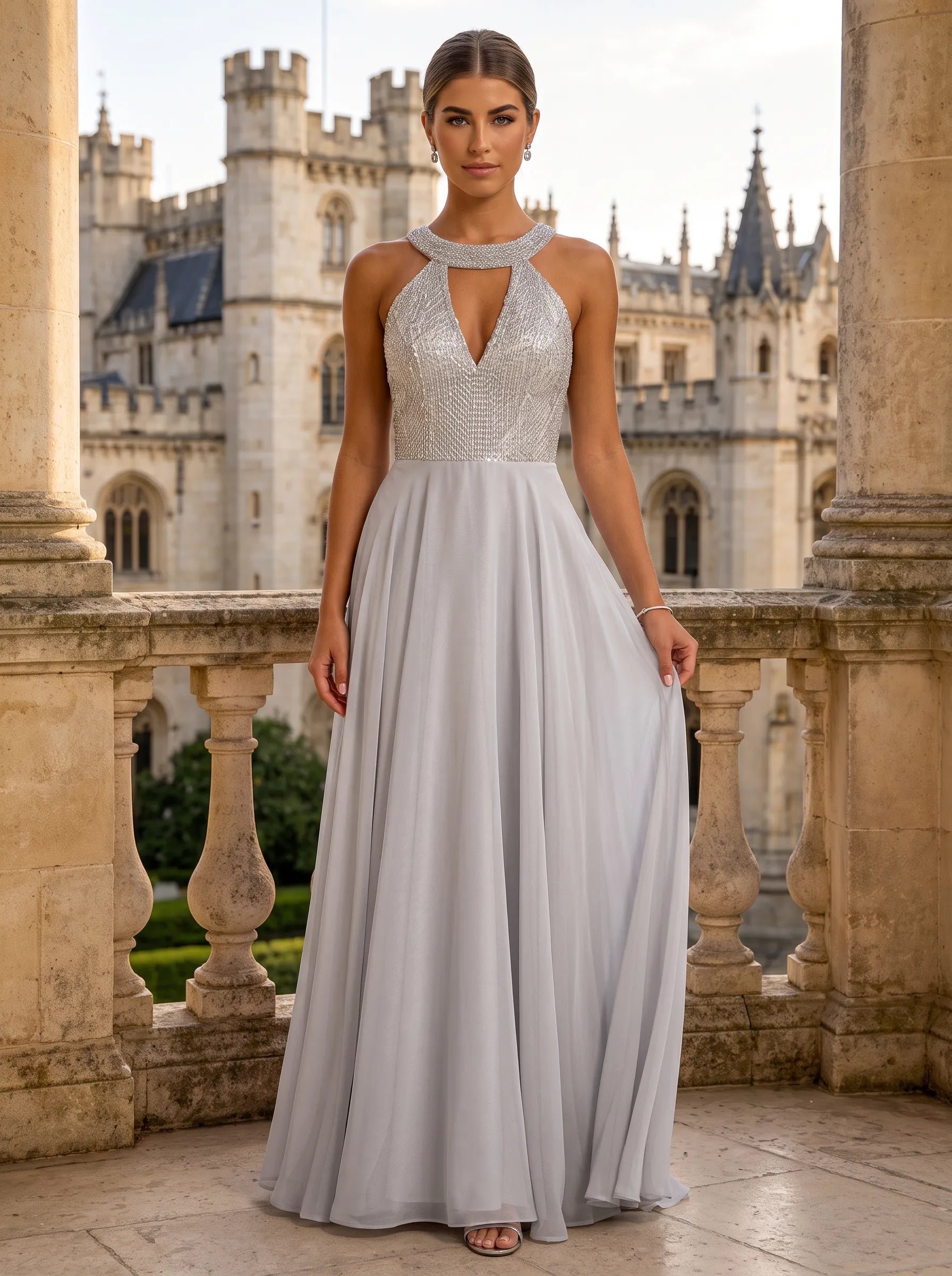 Beaded Halter Keyhole Backless Chiffon A-Line Prom Dress