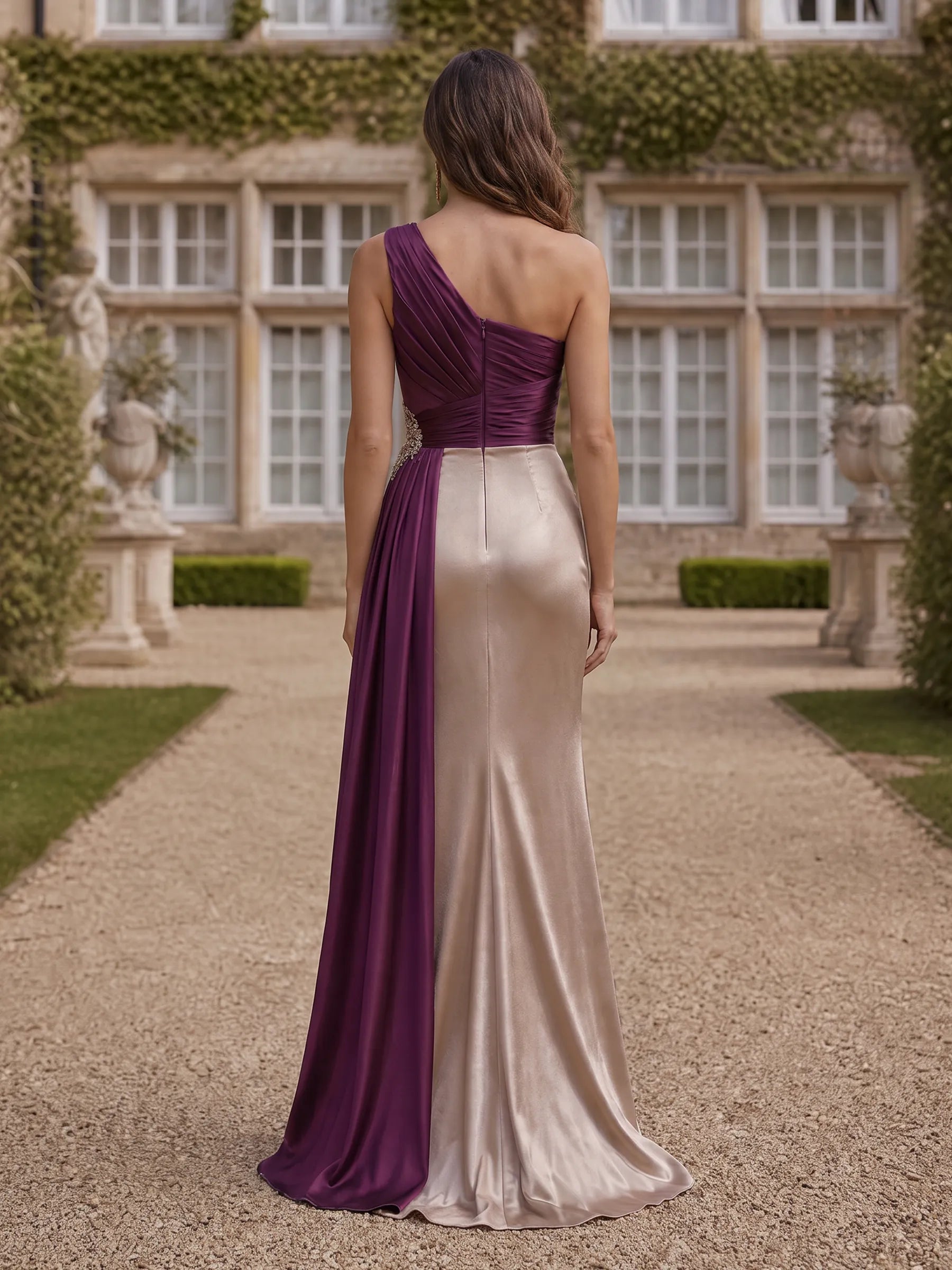 Elegant One-shoulder Ruched Satin Sleeveless Evening Dress