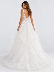 Sleeveless Tiered Organza A-Line Wedding Dress with Illusion Corset Bodice and Cathedral Train