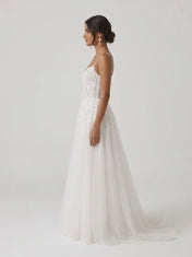 Spaghetti Strap Embroidered Lace Corset A-Line Wedding Dress with Covered Button Placket and Sweep Train