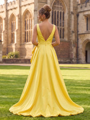 V-Neck Beaded High-Low Satin Prom Dress with Oversized Front Bow