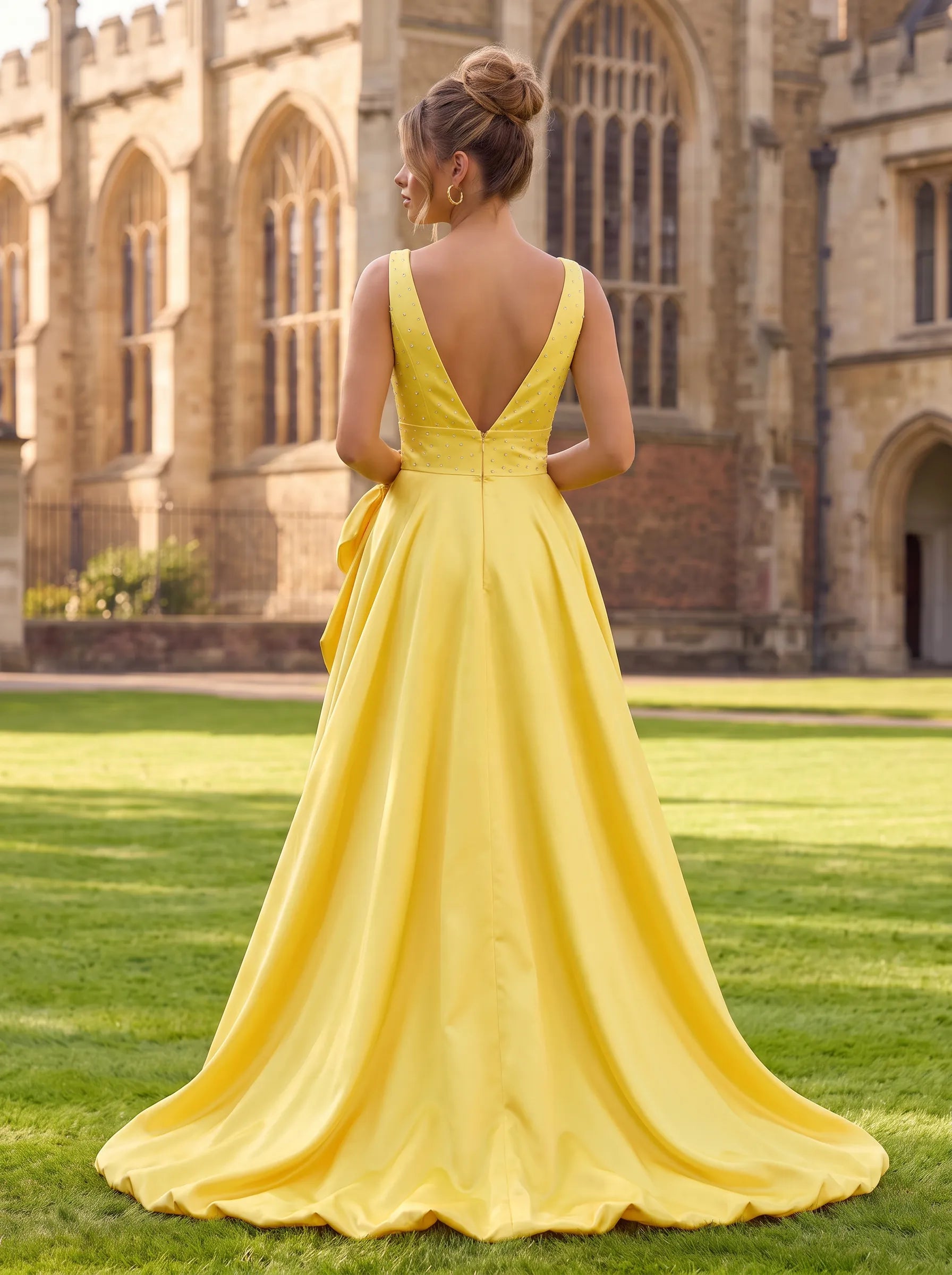 V-Neck Beaded High-Low Satin Prom Dress with Oversized Front Bow