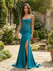 Lavender Strapless Satin Beaded Bodice Corset Prom Dress with Slit