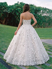 Strapless Sweetheart 3D Floral Applique White Ball Gown Wedding Dress