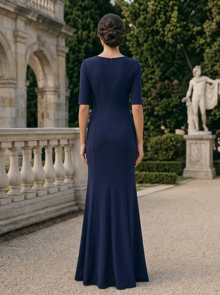 Navy Blue Keyhole Cutout Half-Sleeve Evening Dress