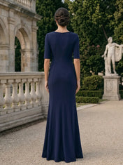 Navy Blue Keyhole Cutout Half-Sleeve Evening Dress