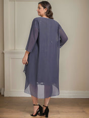 Sheath/Column Scoop Illusion Knee-Length Lace Chiffon Mother of the Bride Dress With Cascading Ruffles Sequins