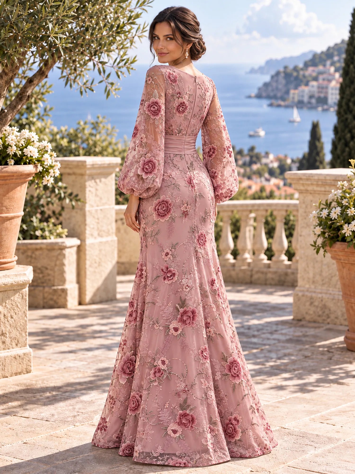 Boat Neck Long Sleeve Embroidered Mesh Evening Dress