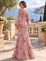 Boat Neck Long Sleeve Embroidered Mesh Evening Dress