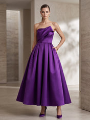 Strapless Pleated Asymmetric-Fold Bodice Midi A-Line Cocktail Dress with Pockets