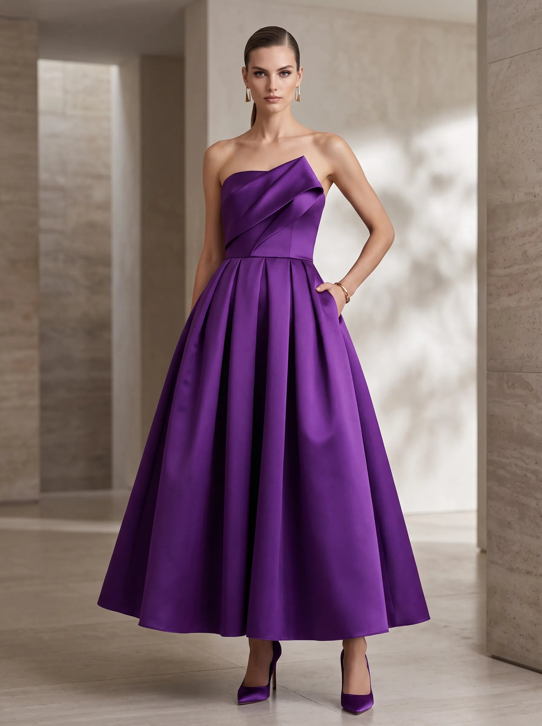Strapless Pleated Asymmetric-Fold Bodice Midi A-Line Cocktail Dress with Pockets
