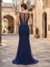 Illusion Applique Sequin Mermaid Evening Dress with Slit