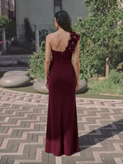 One-Shoulder Cascading Rosette Burgundy Column Sleeveless Evening Dress