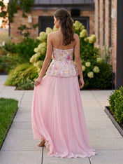 Strapless Embroidered Floral Peplum Pink A-Line Evening Dress