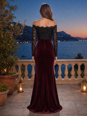 Elegant Off-the-Shoulder Lace and Velvet Long Sleeves Evening Dress Formal Gown