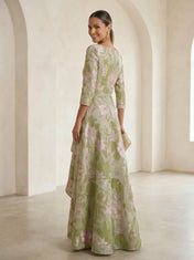Elegant Boat-Neck Jacquard Asymmetric Ruffle Long Mother Of The Bride Dresses