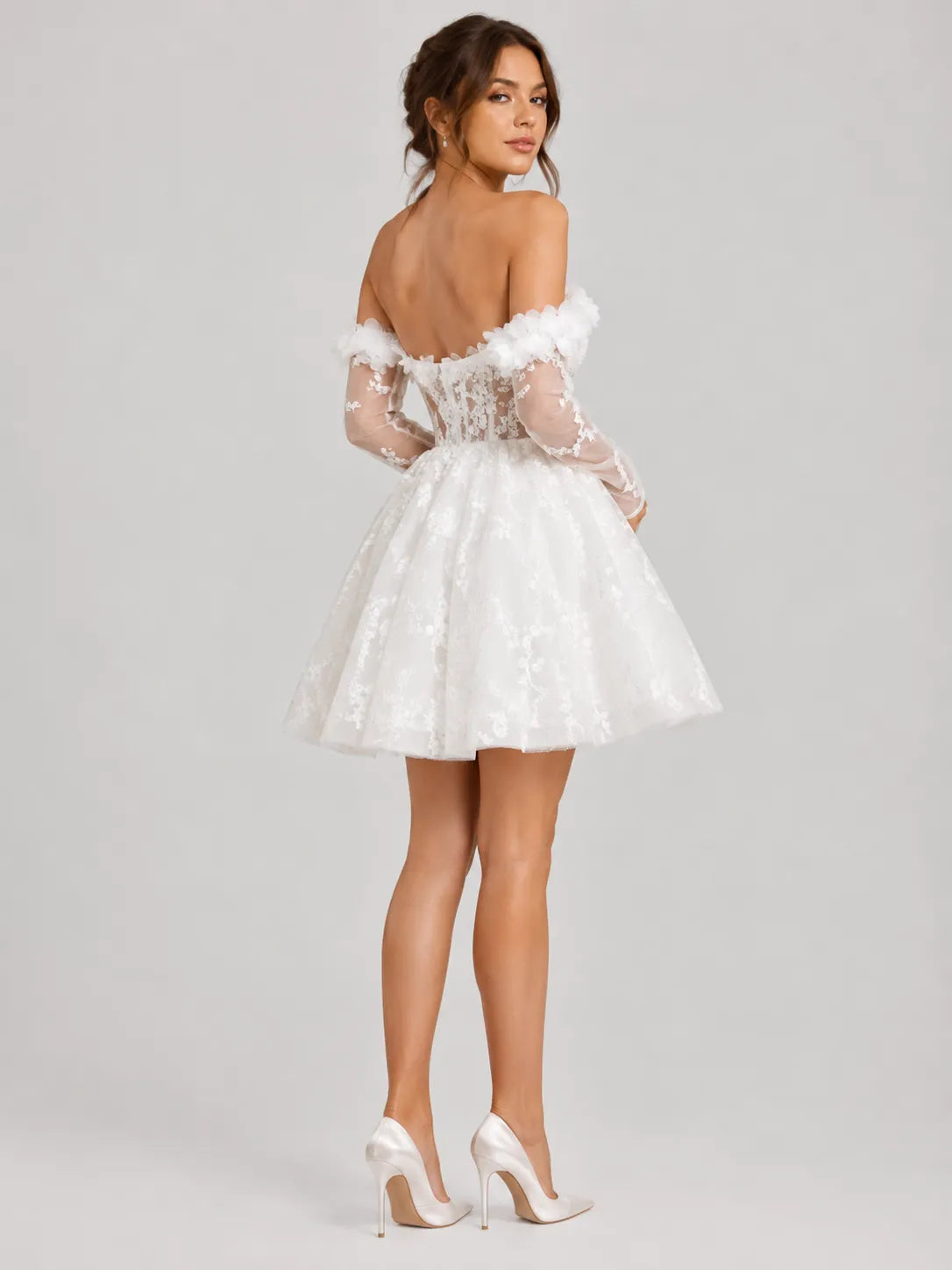 3D Floral Off-Shoulder Lace Mini Wedding Dress with Sheer Long Sleeves