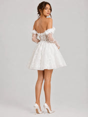 3D Floral Off-Shoulder Lace Mini Wedding Dress with Sheer Long Sleeves