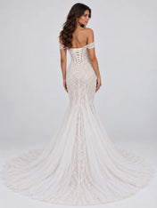 Off-the-Shoulder Illusion Branch-Embroidered Mermaid Wedding Dress with Lace-Up Back